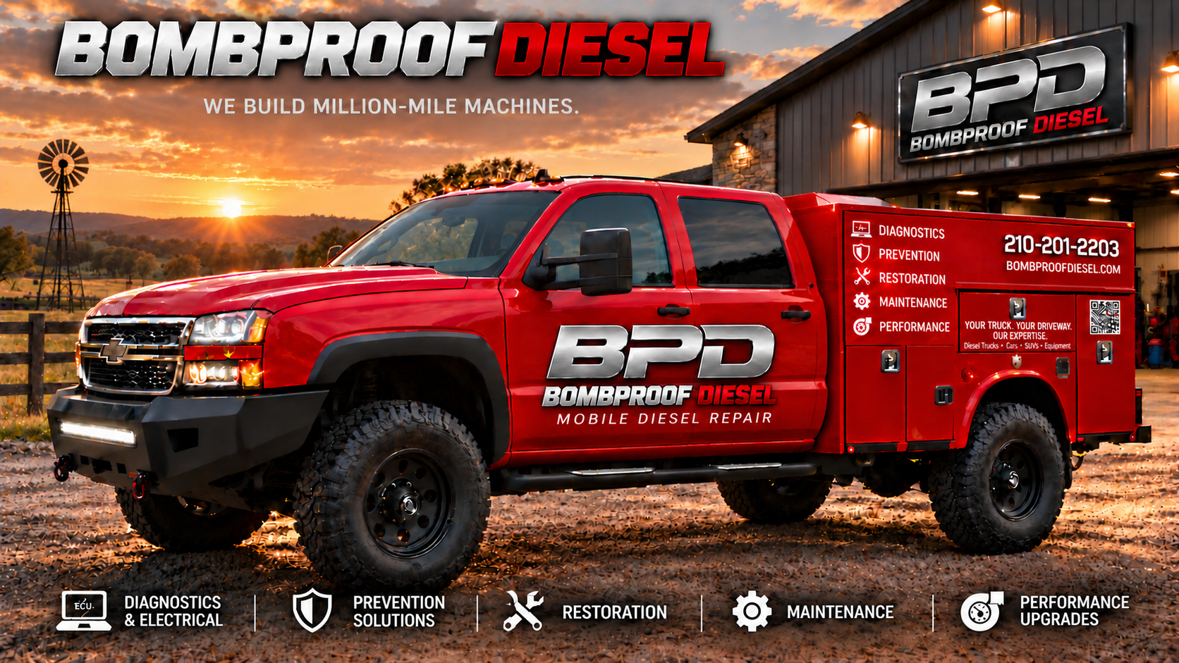 BombProof Diesel service truck at a Texas ranch, with Diagnostics, Prevention, Restoration, Maintenance, and Performance services